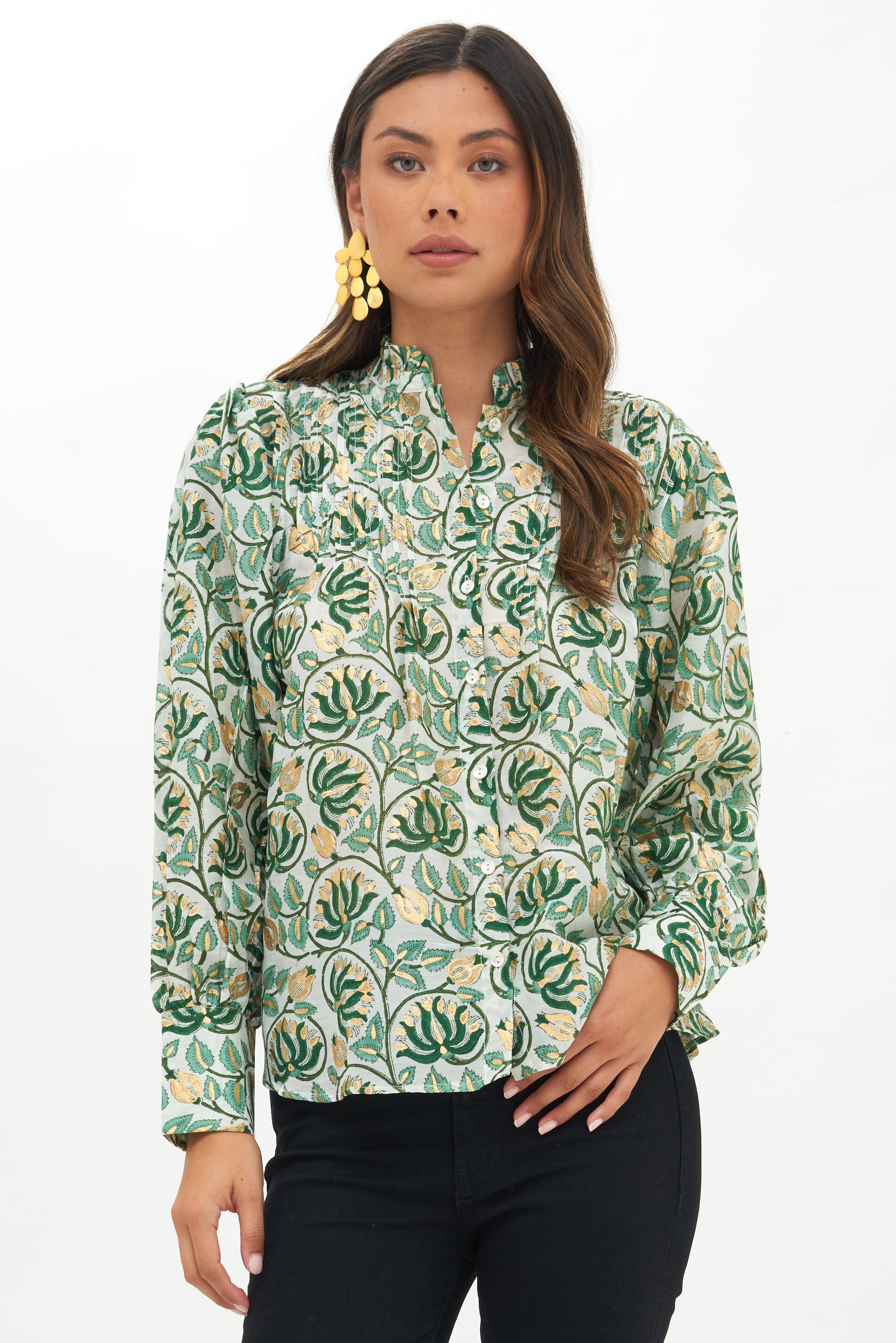 Pintuck Wide Cuff Blouse- Montenegro Green