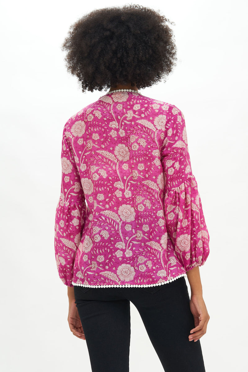 Balloon Sleeve Tie Top- Mulberry Magenta