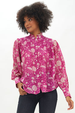 Pintuck Wide Cuff Blouse- Mulberry Magenta