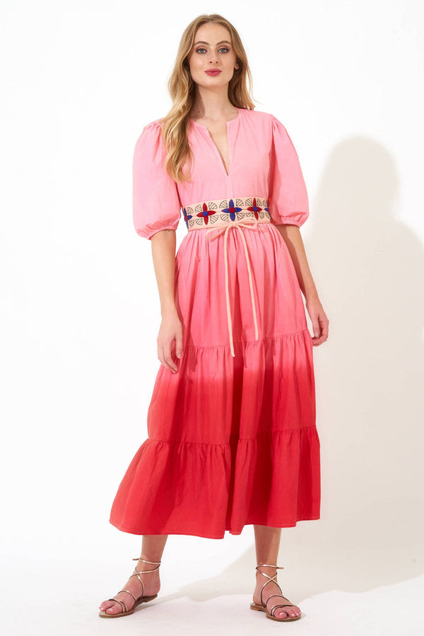 Puff V-Neck Maxi- Ombre Red