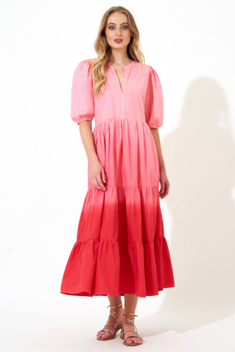 Puff V-Neck Maxi- Ombre Red