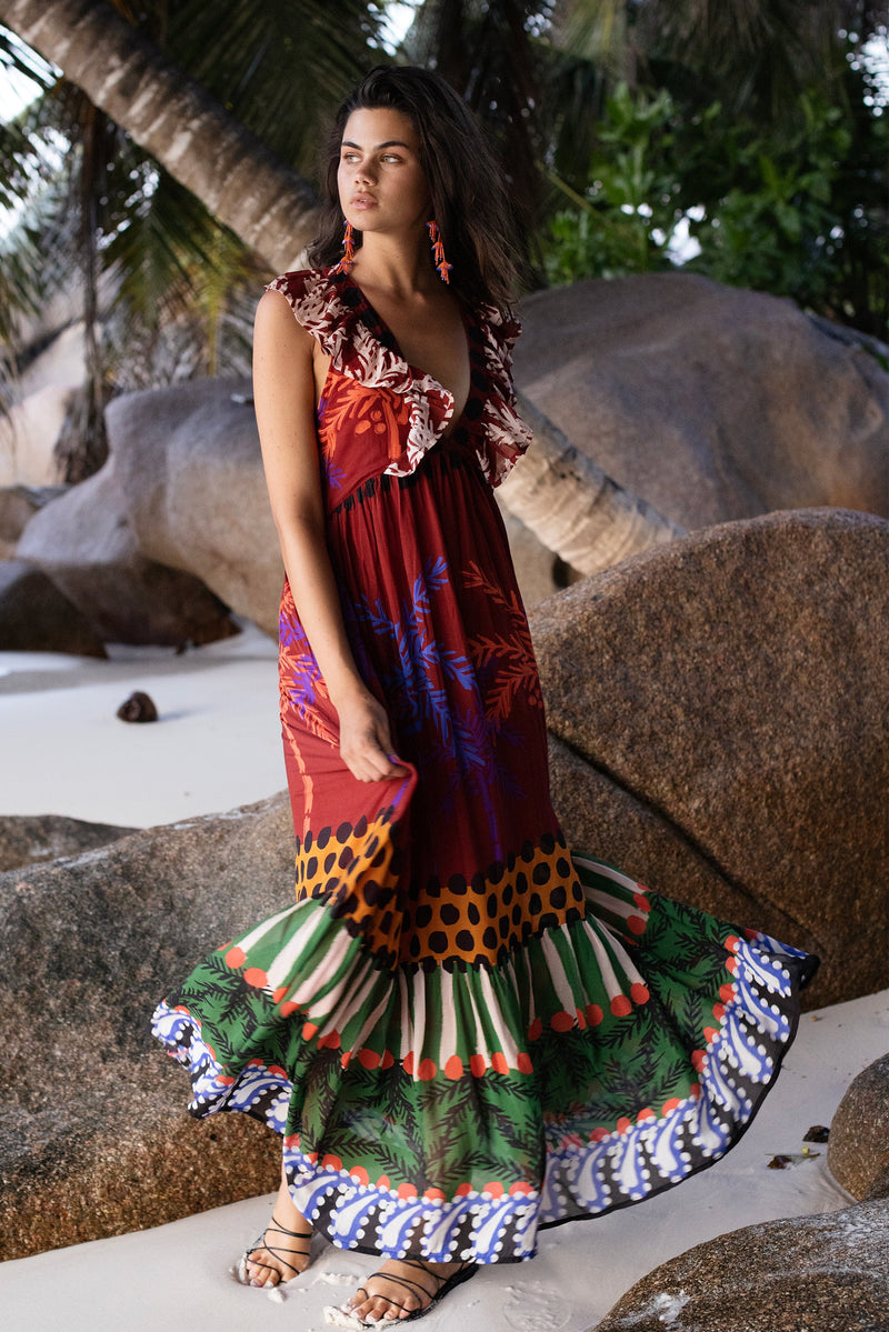 Ruffle V-Neck Maxi- Palma Brown