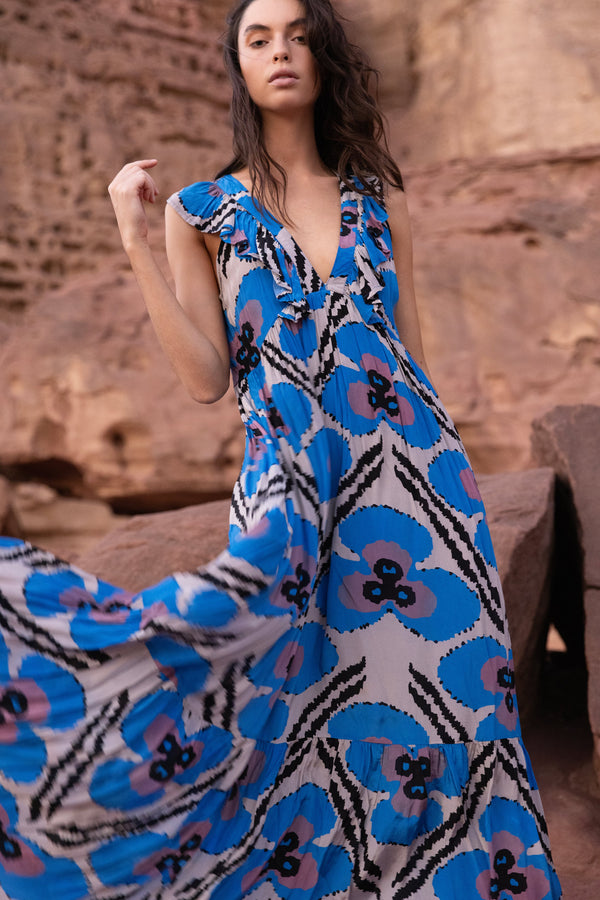Ruffle V-Neck Maxi- Patola Cobalt