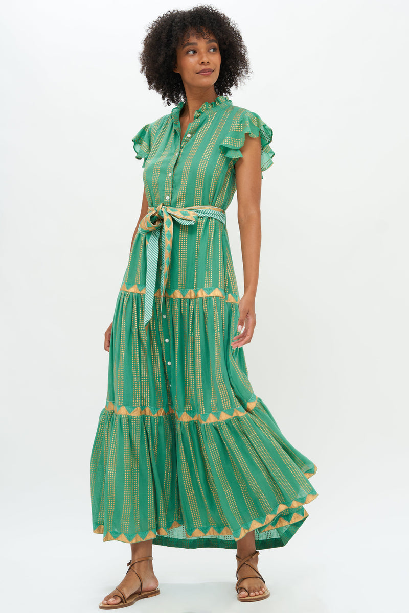 Ruffle Collar Button Maxi- Pixie Green