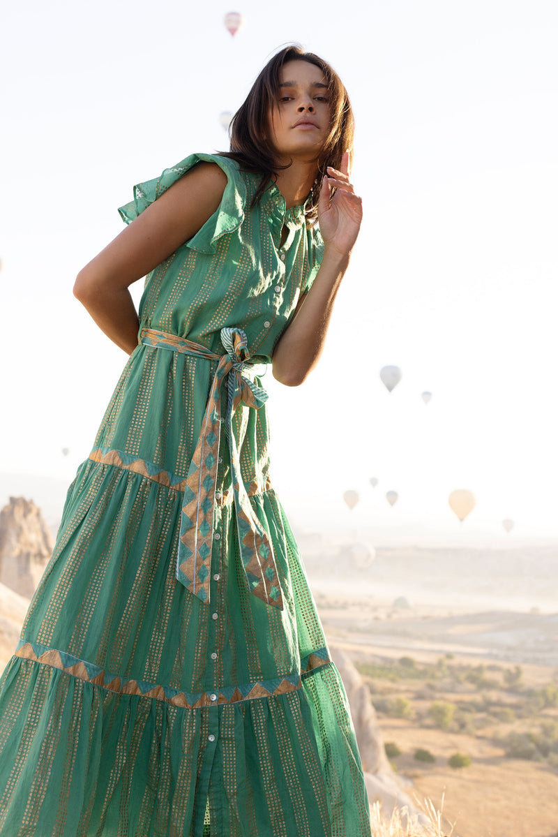 Ruffle Collar Button Maxi- Pixie Green