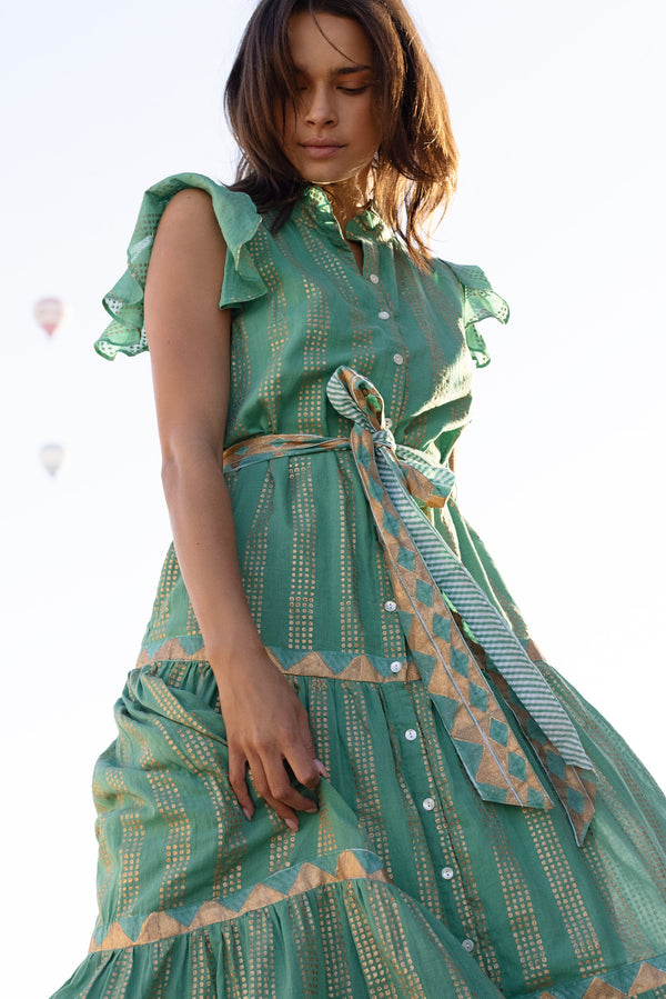 Ruffle Collar Button Maxi- Pixie Green