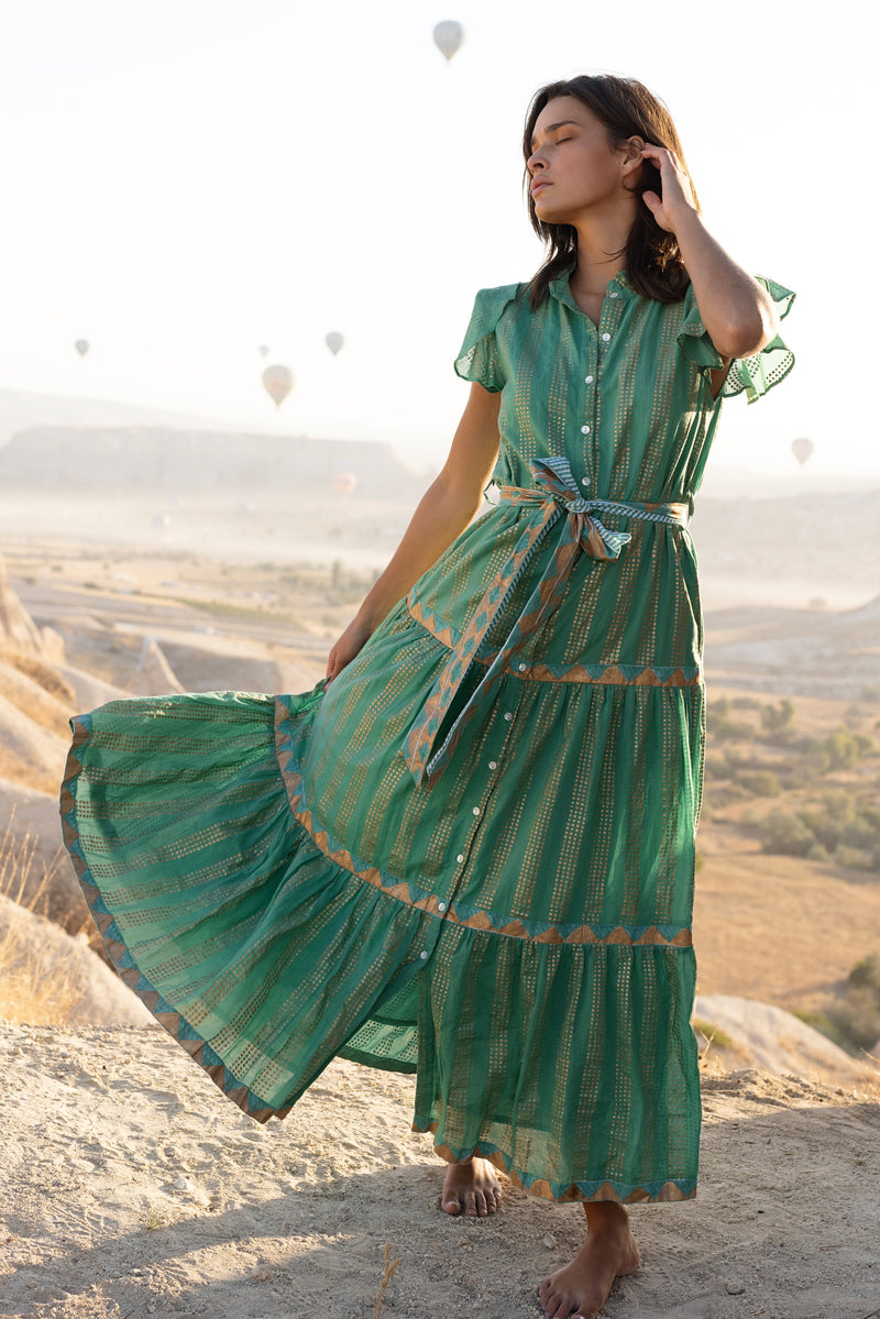 Ruffle Collar Button Maxi- Pixie Green