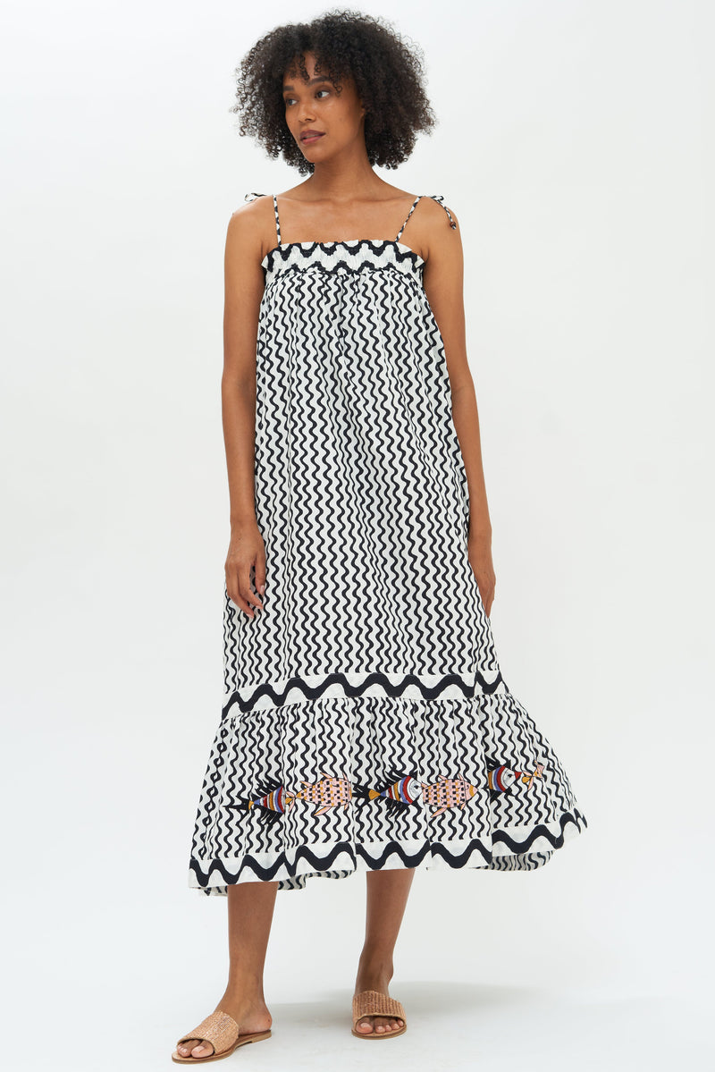Lucky Brand Floral Stripe Shoulder Tie Smock Tiered Dobby Cotton Midi –  Letay Store