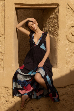Ruffle V-Neck Maxi- Pacifica Black