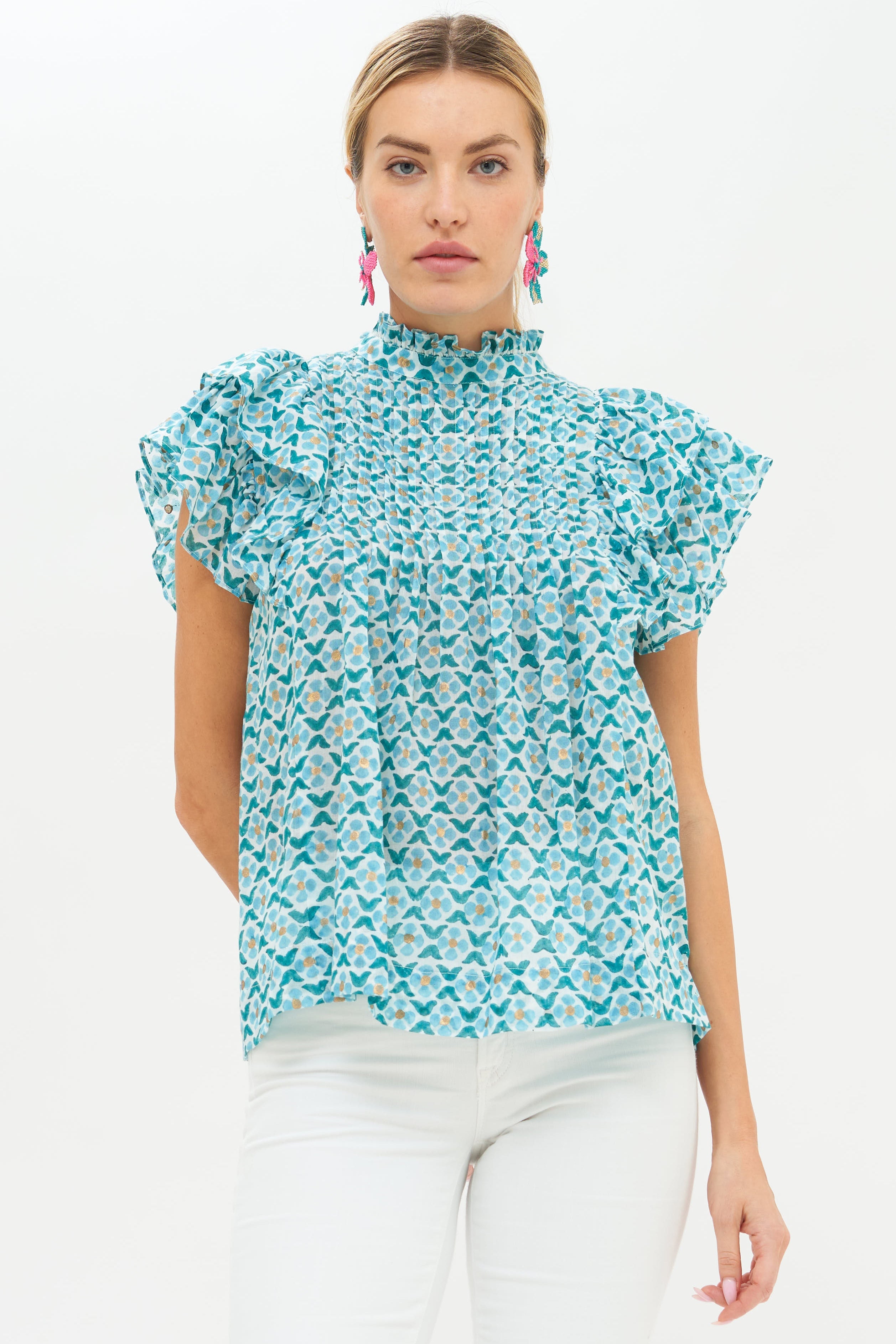 Pintuck Ruffle Top- Veranda Turquoise