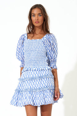 Puff Sleeve Smocked Top- Flora Blue